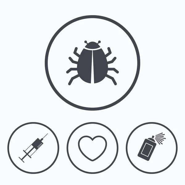 Signos de insectos y vacunas. Corazón, spray puede iconos — Vector de stock