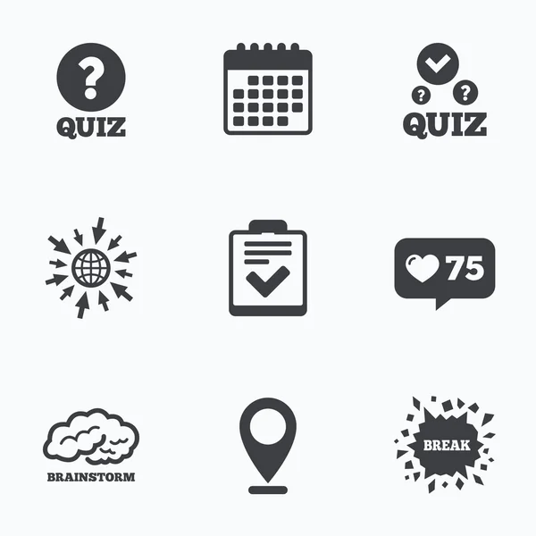 Quiz-Symbole. Checkliste und menschliche Gehirnsymbole. — Stockvektor