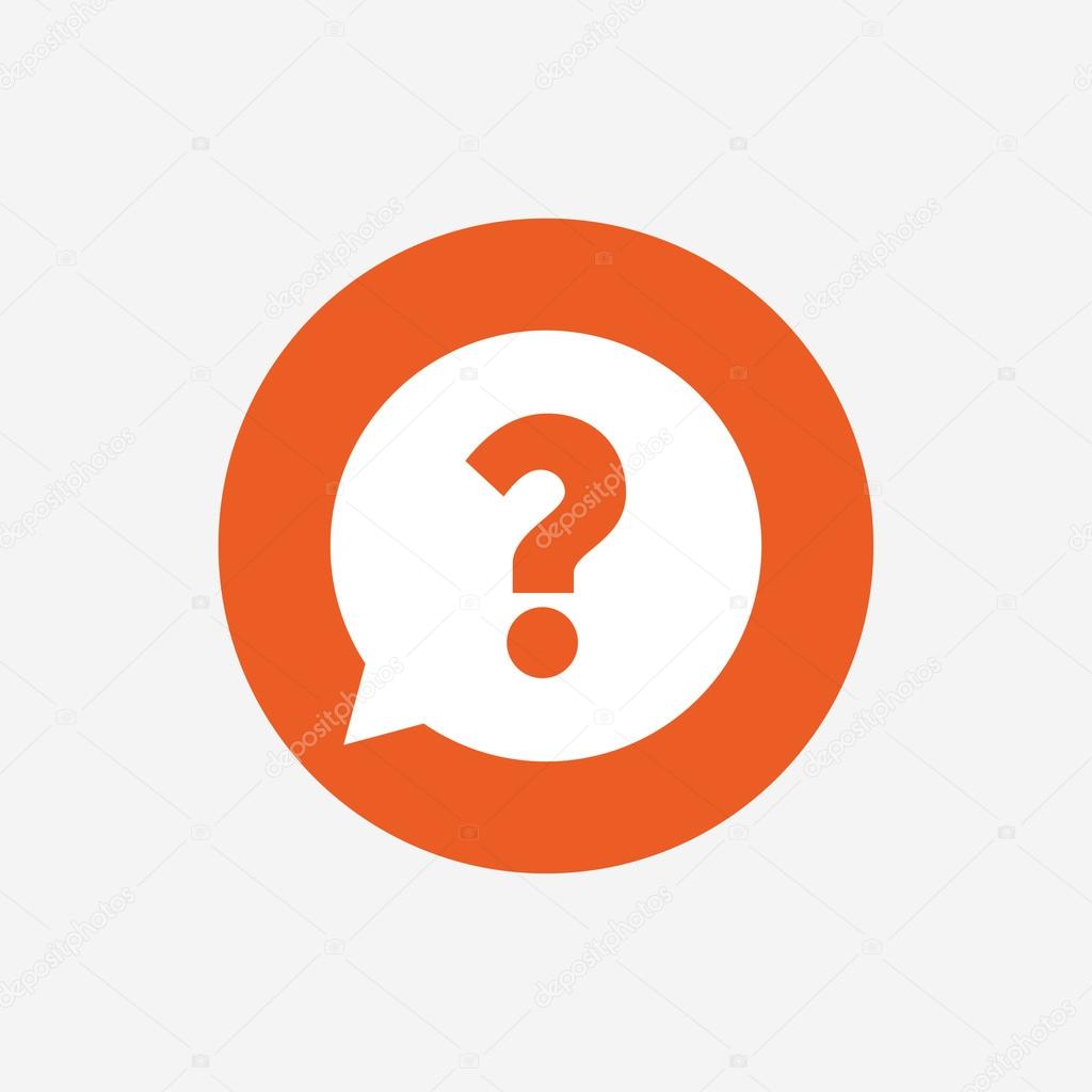 Question mark sign icon. Help speech bubble symbol. FAQ sign. Orange circle button with icon. Vector