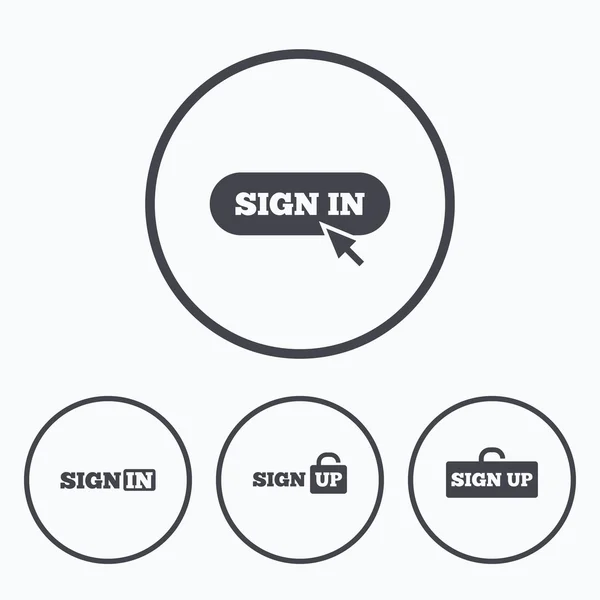 Firma en iconos. Login con flecha, puntero de mano . — Vector de stock