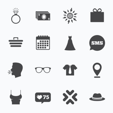 Aksesuarları, giyim simgeler. Alışveriş işaretleri.