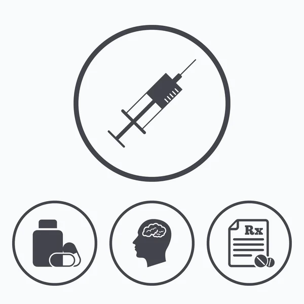 Medizin-Ikonen. Tabletten Flasche, Gehirn — Stockvektor