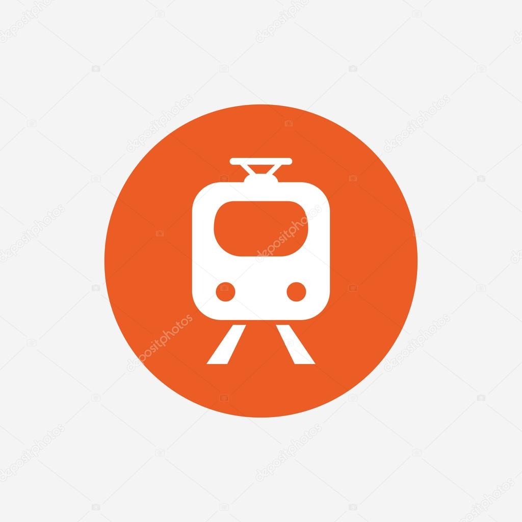 Subway sign icon. Train, underground symbol. Orange circle button with icon. Vector