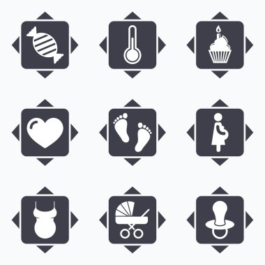 Gebelik, doğum ve bebek bakım simgeleri.