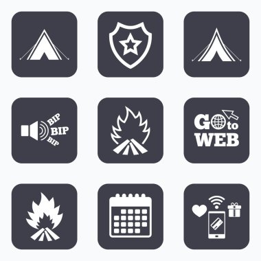 Turist kamp çadır işaretler. Yangın alev simgeler.