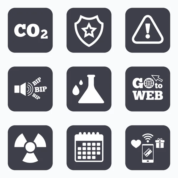 De pictogrammen van de straling van de aandacht. Chemie kolf. — Stockvector