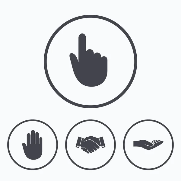 Hand pictogrammen. Handdruk en klik hier — Stockvector