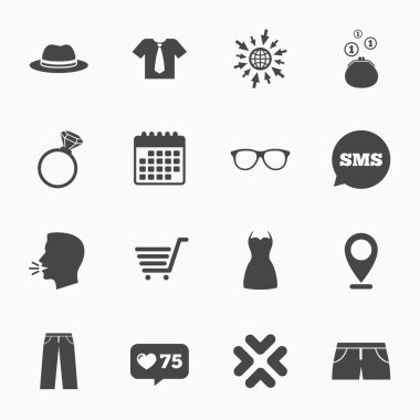 Kıyafetler, aksesuarlar simgeler. Alışveriş işaretleri.
