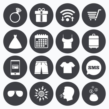 Kıyafetler, aksesuarlar simgeler. Alışveriş işaretleri.