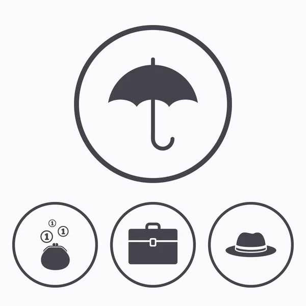 Paraply, plånbok och hatt med fall. — Stock vektor