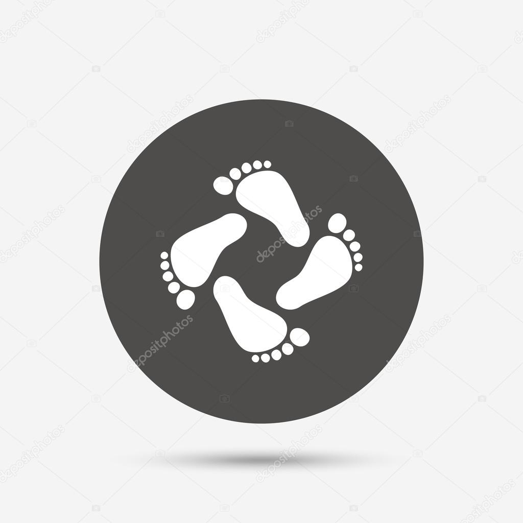 Baby footprints icon. Child barefoot steps. Toddler feet symbol. Gray circle button with icon. Vector