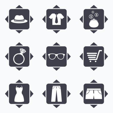 Kıyafetler, aksesuarlar simgeler. Alışveriş işaretleri.