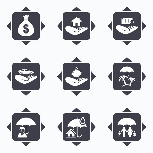 Iconos de seguros. Vida, Bienes raíces — Vector de stock