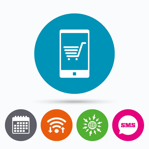 Smartphone met shopping cart teken pictogram. — Stockvector