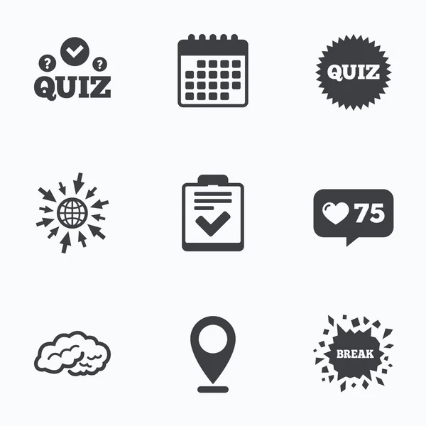 Quiz-Symbole. Checkliste und menschliches Gehirn — Stockvektor