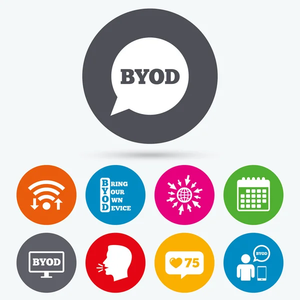 BYOD signs. Human with notebook and smartphone. — Stock Vector