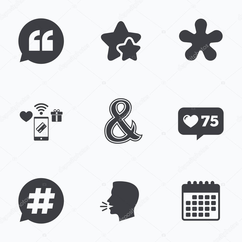 Quote, asterisk footnote icons. Hashtag social media and ampersand symbols. Programming logical operator AND sign. Speech bubble. Flat talking head, calendar icons. Stars, like counter icons. Vector