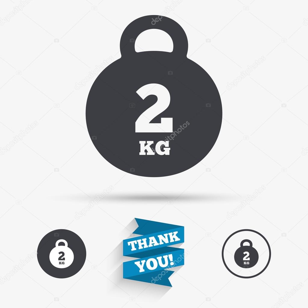 Weight sign icon. 2 kilogram (kg). Envelope mail weight. Flat icons. Buttons with icons. Thank you ribbon. Vector