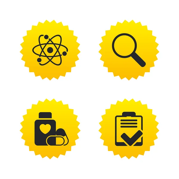 Medical icons. Atom, magnifier glass — Stock Vector