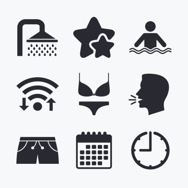 Yüzme Havuzu simgeler. Duş ve mayo işaretleri.