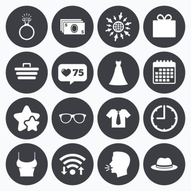 Aksesuarları, giyim simgeler. Alışveriş işaretleri.