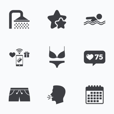 Yüzme Havuzu simgeler. Duş ve mayo işaretleri.