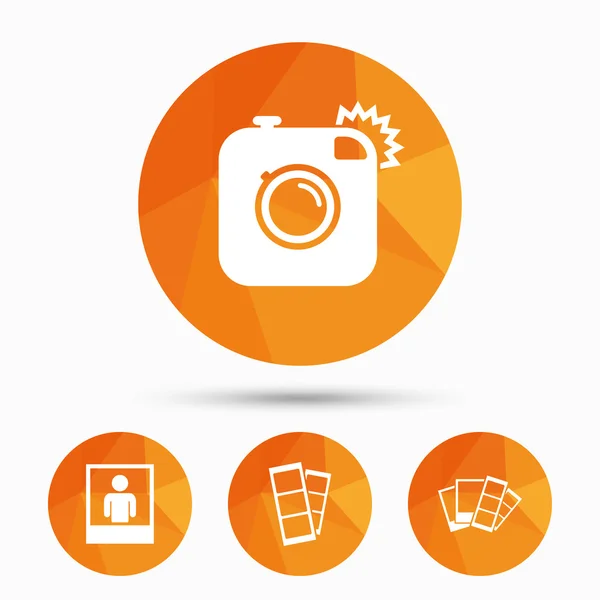 Foto camera-pictogram. Flash licht en selfie frame. — Stockvector