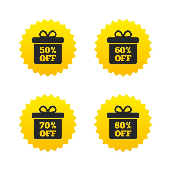 Vente boîte cadeau tag icônes. Symboles de réduction . — Image vectorielle