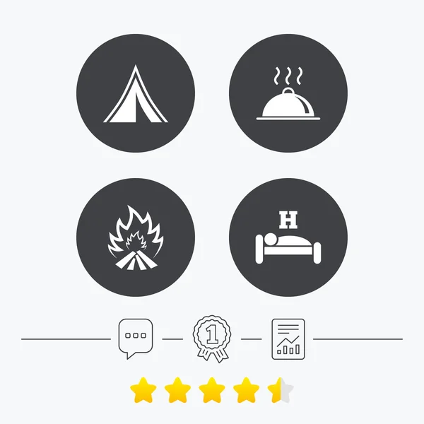 Nourriture chaude, sommeil, tente de camping et signes de feu . — Image vectorielle