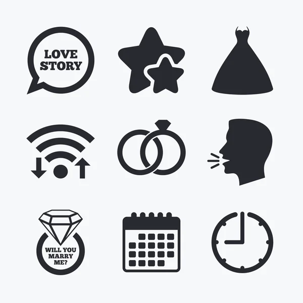 Bruiloft jurk pictogram. Bruid en bruidegom ringen-symbool — Stockvector