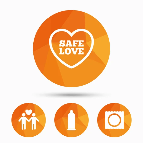 Condom safe sex icons. Lovers Gay couple sign. — Stock Vector