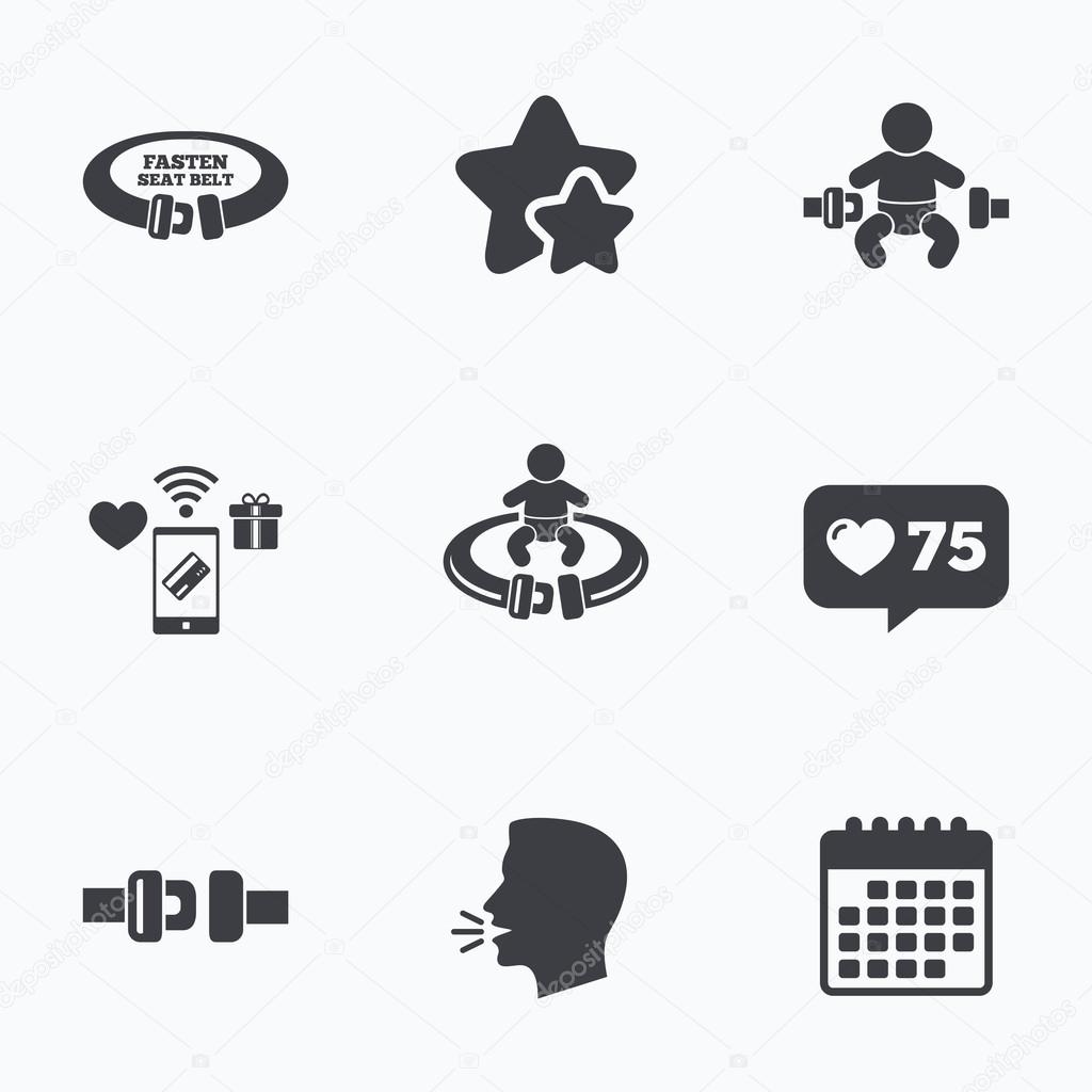 Fasten seat belt icons. Child safety in accident symbols. Vehicle safety belt signs. Flat talking head, calendar icons. Stars, like counter icons. Vector