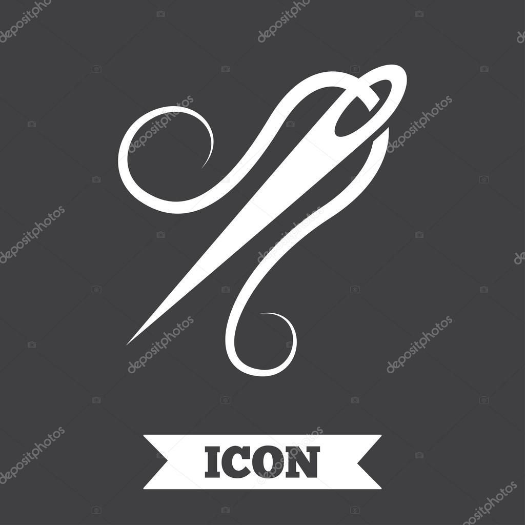 Needle with thread icon. Tailor symbol. Textile sew up craft sign. Embroidery tool. Graphic design element. Flat needle symbol on dark background. Vector