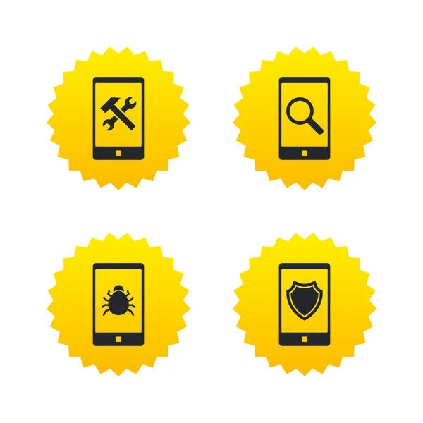 Smartphone pictogrammen. Schild bescherming, reparatie, bug — Stockvector