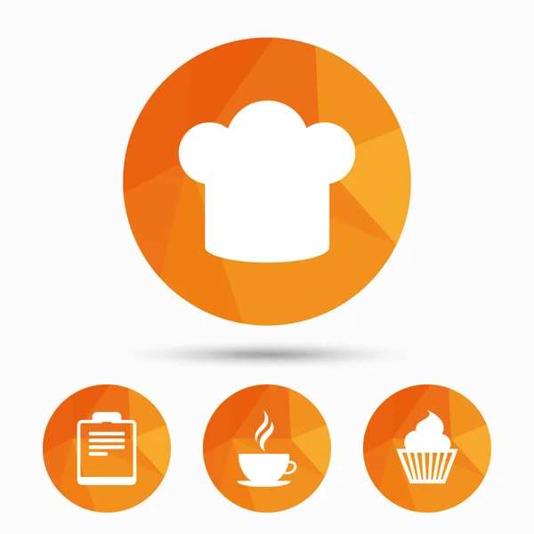 Icona della tazza di caffè. Simbolo del cappello da chef. Muffin cupcake — Vettoriale Stock
