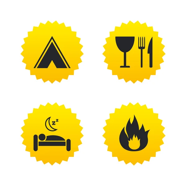 Food, sleep, camping tent and fire signs. — Stock Vector