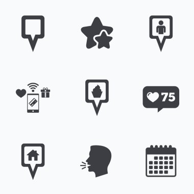 İşaretçi simgeleri göster. Ev, yiyecek ve kullanıcı konumu.