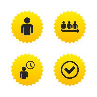 Sıra simgesi. Kişi bekleyen işareti. Onay ve saat.