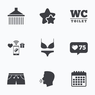 Yüzme Havuzu simgeler. Duş ve mayo işaretleri.