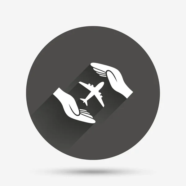 Assinatura do seguro de voo. As mãos protegem avião de cobertura — Vetor de Stock