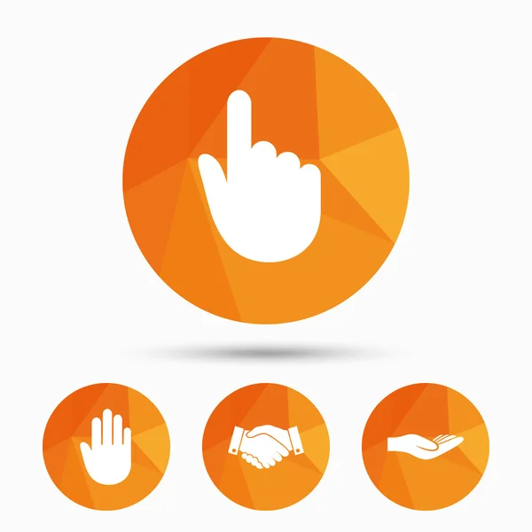 Hand icons. Handshake and click here symbols. — Stock Vector