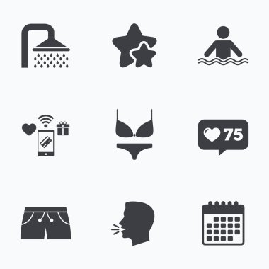 Yüzme Havuzu simgeler. Duş ve mayo işaretleri.