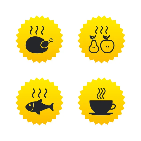 Hot-Food-Ikonen. Grillhühnchen und Fischsymbole. — Stockvektor