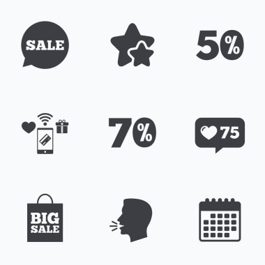 Satılık konuşma balonu simgesinin. Büyük satış alışveriş çantası.