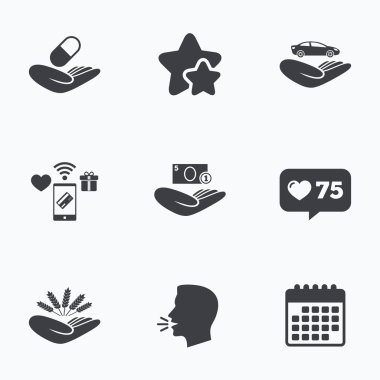 Yardım simgeleri eller. Koruma ve sigorta.