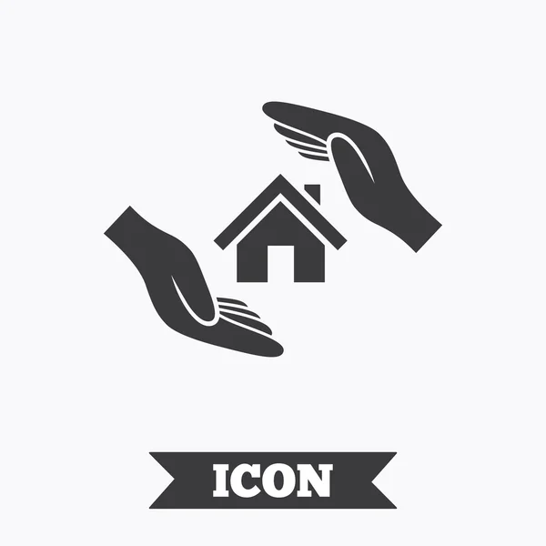Dům pojištění znamení ikona. Ruce chránit krytem. — Stockový vektor