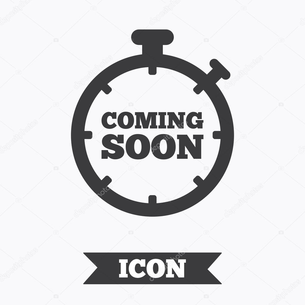 Coming soon sign icon. Promotion announcement symbol. Graphic design element. Flat coming soon symbol on white background. Vector