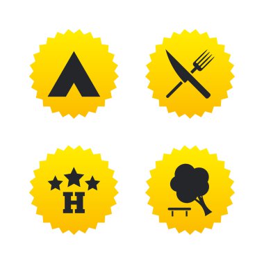 Gıda, otel, kamp çadır ve ağaç işaretleri.