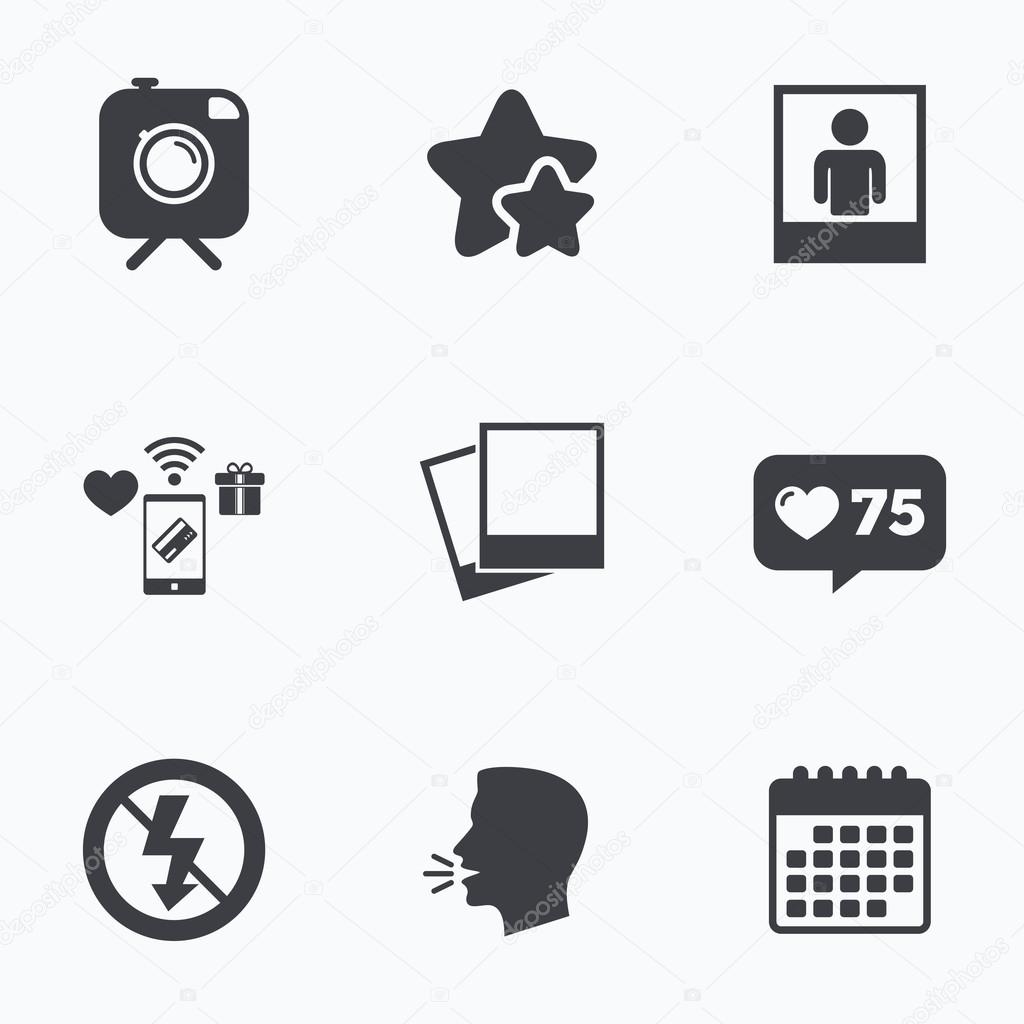 Hipster retro photo camera with mustache icon. No flash light symbol. Human selfie portrait photo frame. Flat talking head, calendar icons. Stars, like counter icons. Vector
