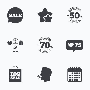 Satılık konuşma balonu simgesinin. Büyük satış alışveriş çantası.